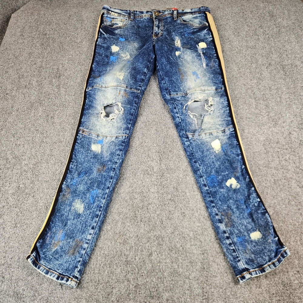 Black Pike Mens Acid Wash Distressed Paint Splatter Stripe Denim Jeans 36x32